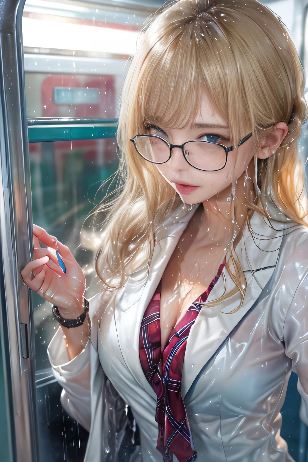 ((Colegiala en la puerta del tren))、((Blazer blanco mojado)),((Blusa blanca mojada traslúcida、pajarita roja、falda a cuadros azul oscuro)).((no es bueno)) 40k, fotografía, Mesa, mejor calidad, Fondo de patrón lluvioso, (( Hermosa chica rubia mojada con hermosos ojos, ella usa gafas en su hermoso rostro, )). piel blanca, Poses variadas.((pechos de tamaño mediano,:1.1)), mejor calidad, Mesa, Ultra Alta Definición, (Fotorrealista:1.4), foto en bruto, (tipo de cuerpo perfecto), (Delgado:1.3), Slim abdomen, Perfect Delgado figure, poses dinámicas, (((figura completa :0.9))), Solo, Luz Fría 12000K, muy detallado facial and skin texture, ojos detallados, ojos realistas, Hermosos ojos detallados, (piel realista), atractivo, 超Una alta resolución, Un hiperrealista, muy detallado,((ella esta empapada))、((erección))、((vista posterior)),((Mira atrás))、