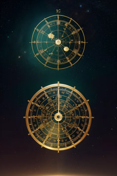 The clock of the zodiac, Inspired by Gong Xian's digital rendering, Trend of CGsociety, hurufiyya, unknown zodiac sign, astrology, scientific depiction, constellation, Numerology, lunar time, Astrolabe, infinite space clock background, Zodiac signs, geomet...