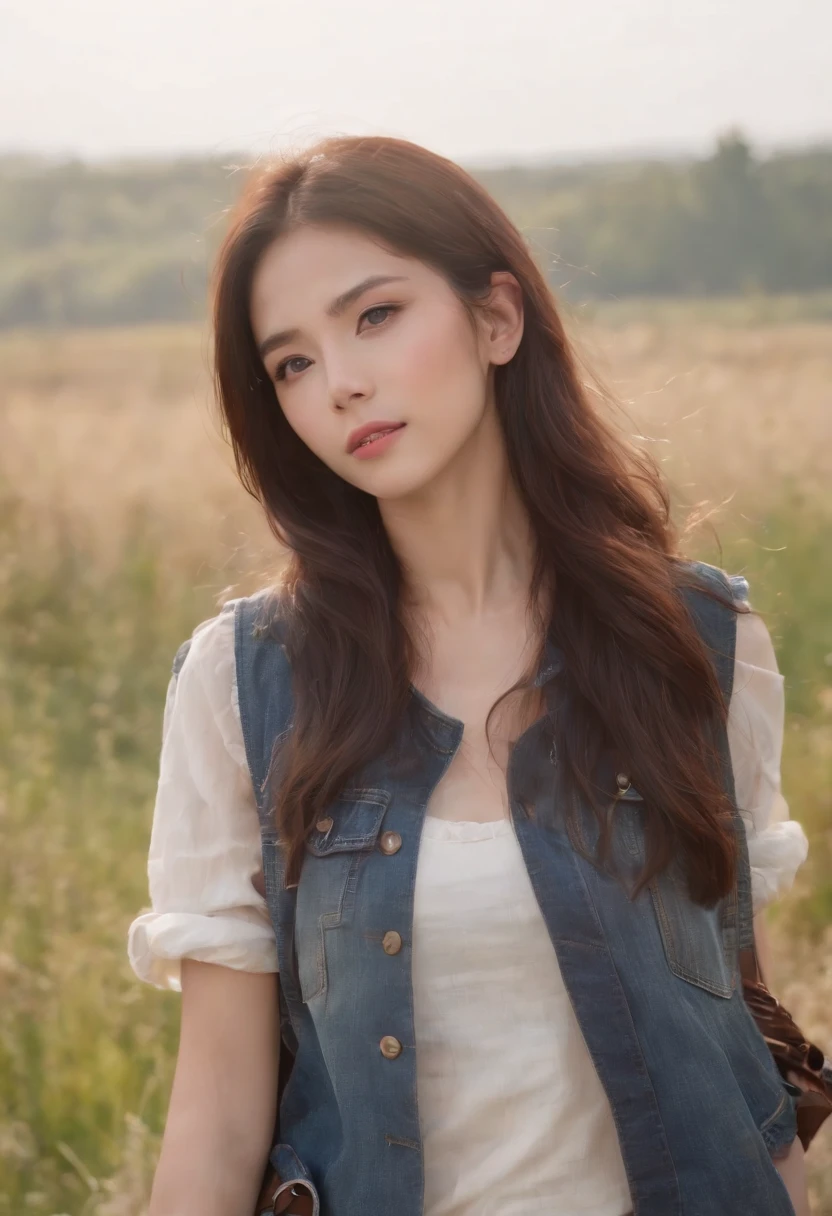 (Beautiful skyline,Magnificent sky),(Intense and dramatic imagery,the moving visual effects),(sun light,Colorful natural light),(1girll),(vests,denim short,Carrying a rucksack),(Dynamic pose:1.3,Black eyes,Long black hair,Sparkling maiden)[:0.8],(Big meadow),（Broad perspectives)，(Oncoming breeze),(Brown hair in harmony with background:1.2),(Remote,Long shot mashup)[::0.9]