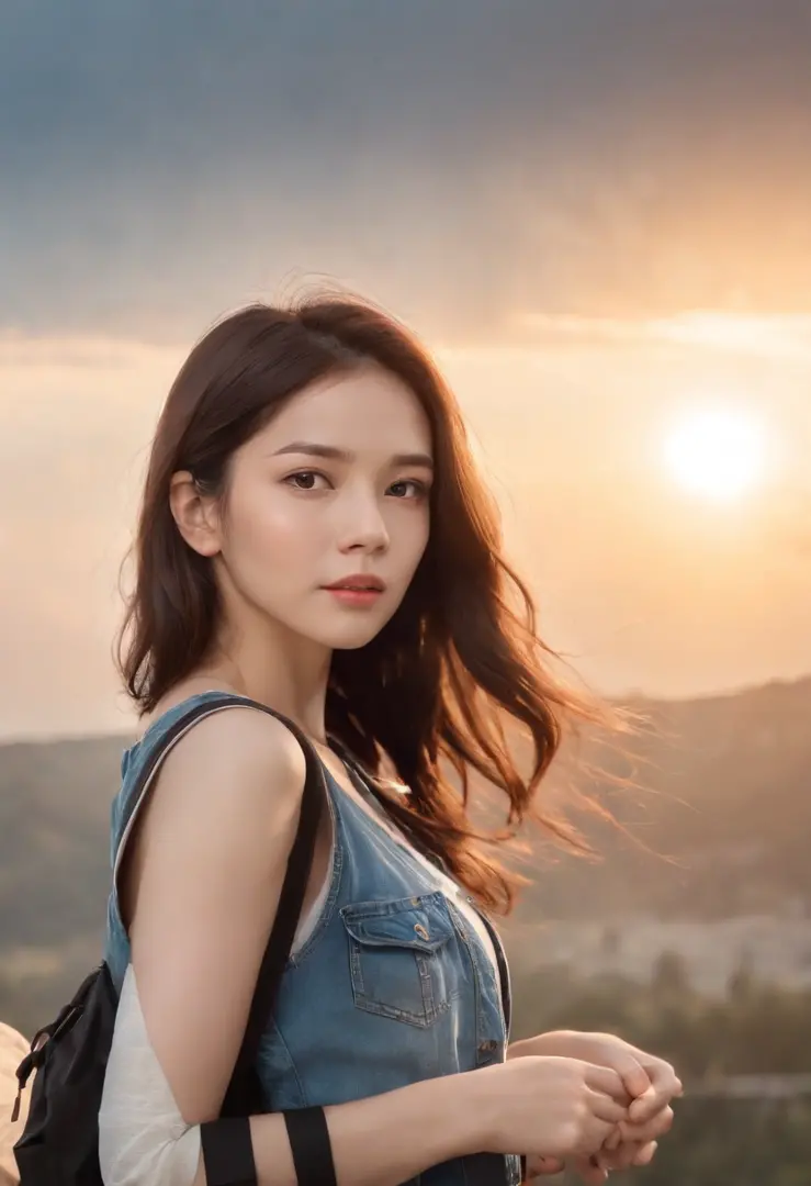 (Beautiful skyline,Magnificent sky),(Intense and dramatic imagery,the moving visual effects),(sun light,Colorful natural light),(1girll),(vests,denim short,Carrying a rucksack),(Dynamic pose:1.3,Black eyes,Long black hair,Sparkling maiden)[:0.8],(Big meado...