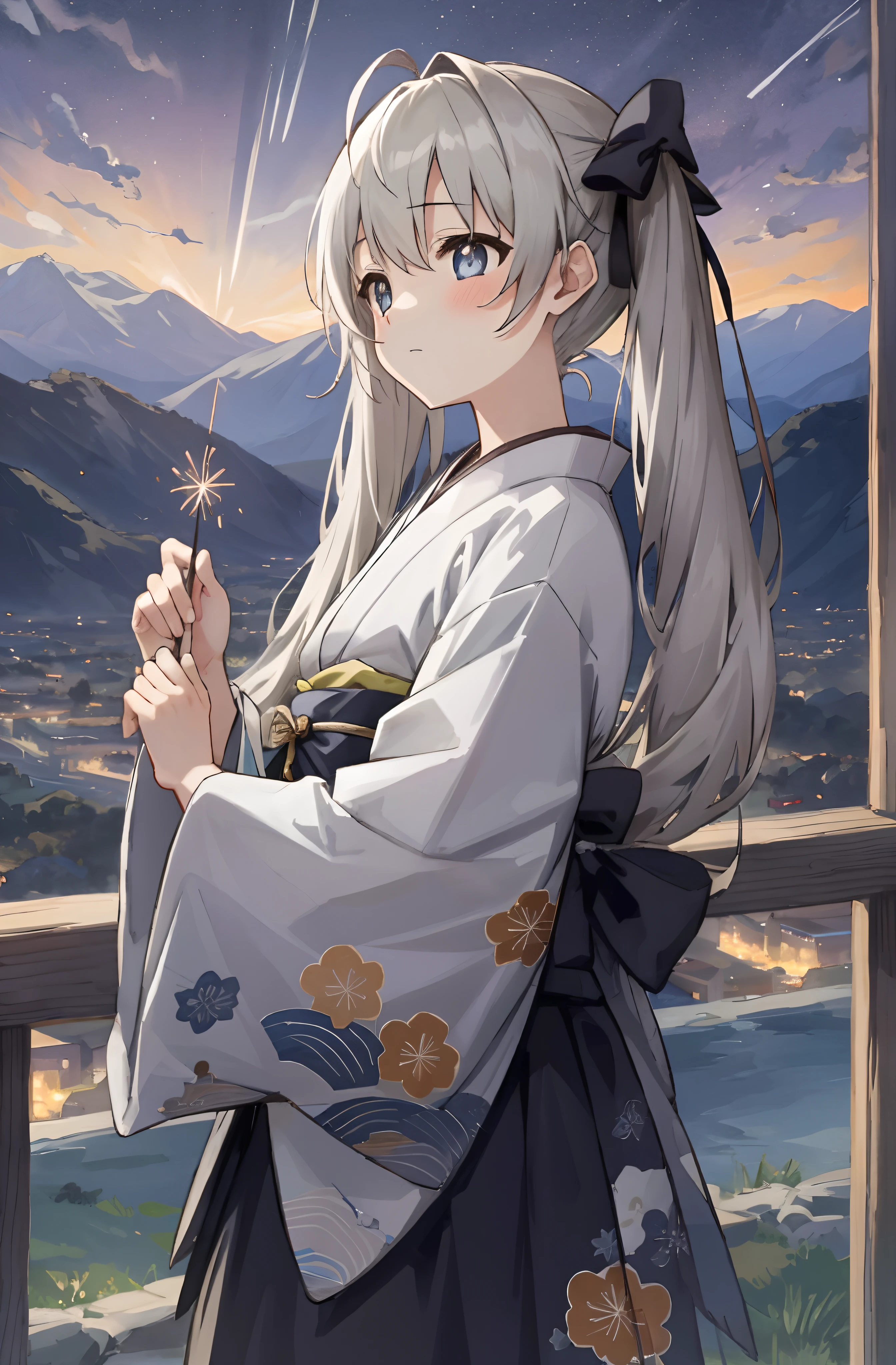 （Masterpiece，best qualtiy，A high resolution：2），1girl，high school senior，white skinned，Gray-black pupils，twintails，komono，Japanese kimono，Delicate face，Fireworks festival，Mountaintop Observation Deck，hilltop，Vast night sky background，the night，The environment is dim，Sora Kasugano，Animated illustration style，pixiv popular，Cowboy shooting，Full body in camera，16K，8K，High Picture Quality，High pixel ratio