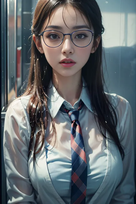 ((Schoolgirl on the train door))、((Wet white blazer)),((Translucent wet white blouse、red bowtie、Dark blue checked skirt)).((No b...