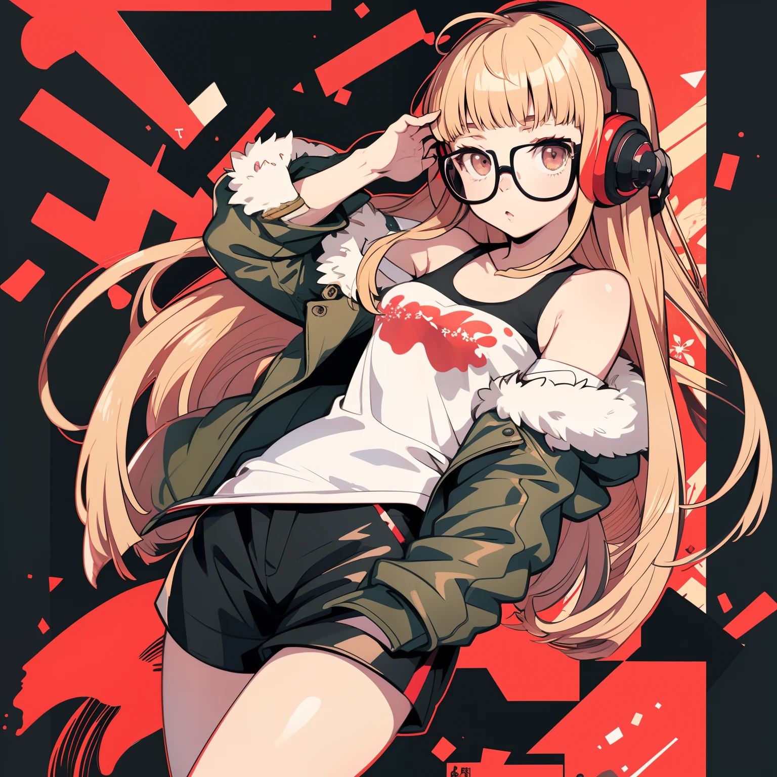 dessus de la table, Meilleure qualité, haute résolution,
1 fille dans, sakura futaba, frange émoussée, Lunettes, lunettes à monture noire, ahogé, Petits seins,
Lunettes,  écouteurs, behind-the-head écouteurs, chemise blanche, veste, hors des épaules, bordure en fourrure, veste bordée de fourrure,  veste verte, shorts, cuisses cuisses cuisses cuisses, bottes longues,
 tir de cow-boy,l&#39;heure d&#39;or,