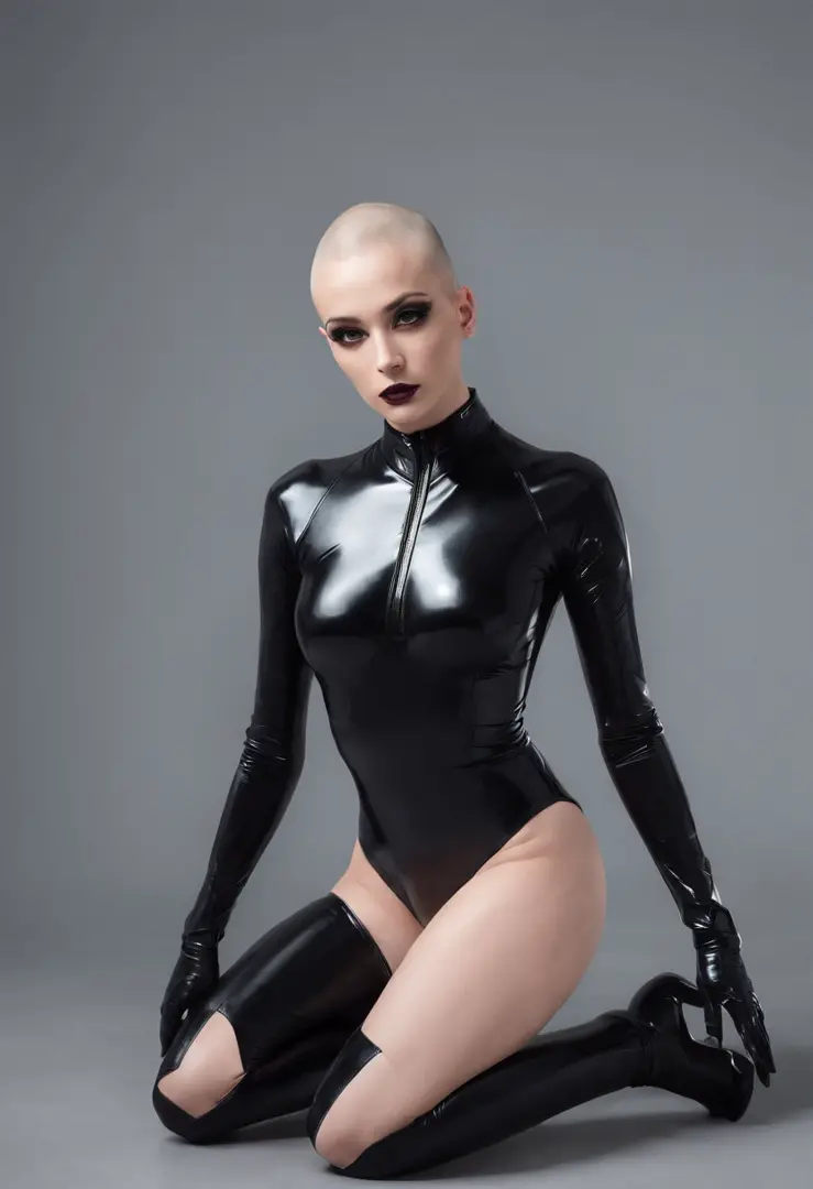 Beautiful shaved head woman dressed in latex leotard sitting spread legs, black make-up, techno aesthetic, sensual pose, ultra detailed, photorealistic, masterpiece.