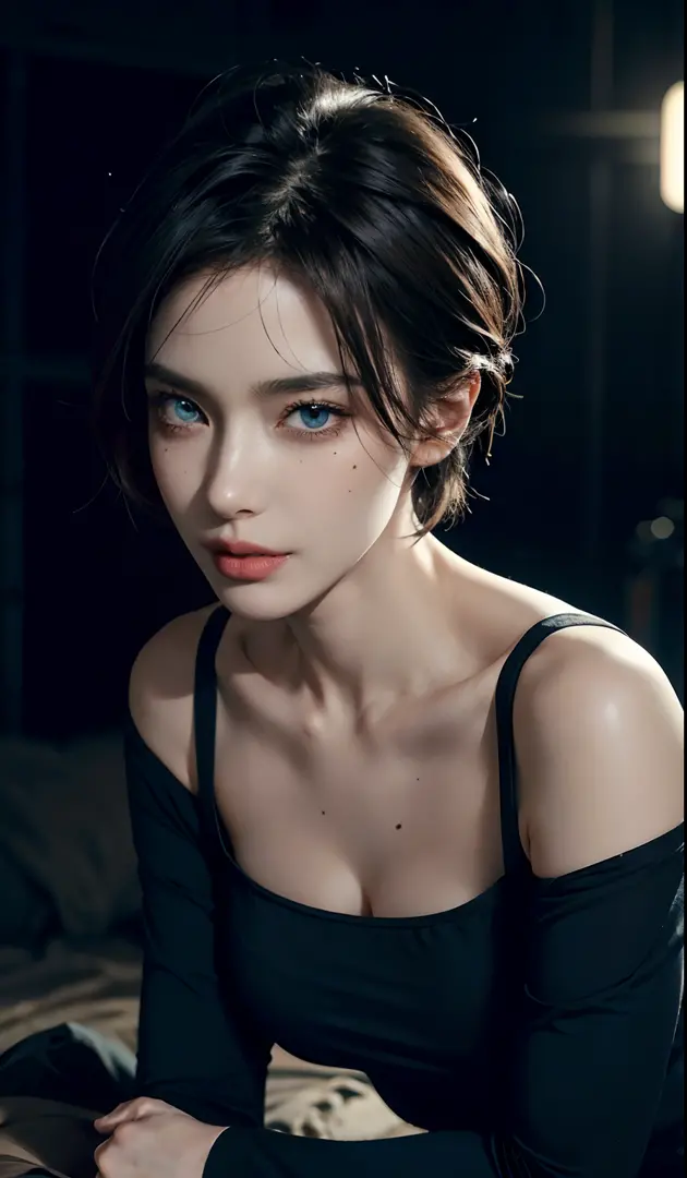 short hair, skintight black top:1.2, looking at viewer, cinematic lighting, perfect, soft lights, high resolution skin:1.2, real...