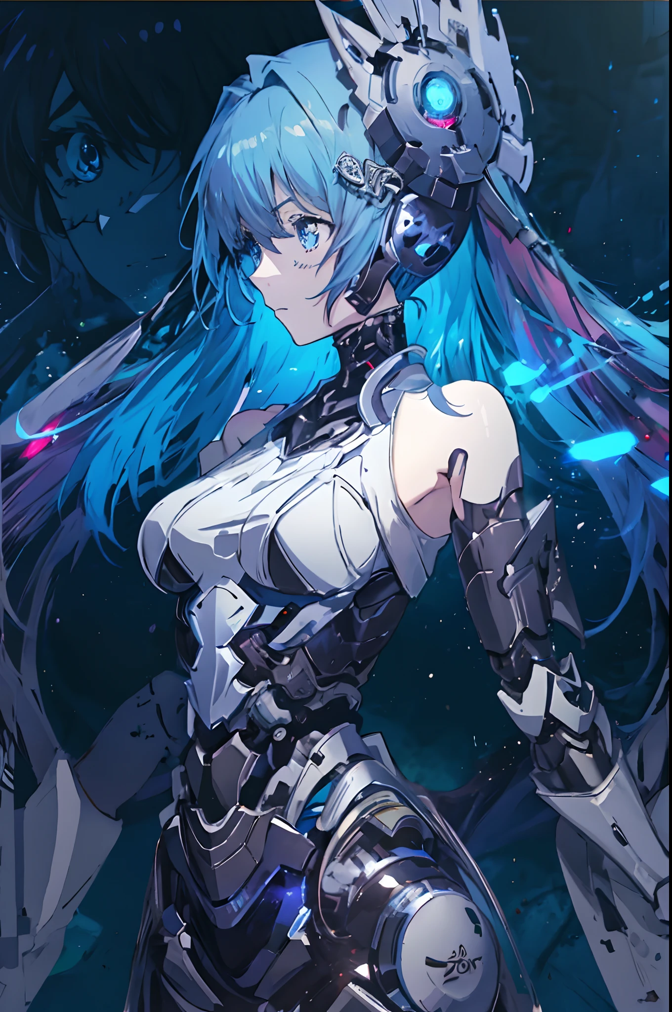 (anime girl with blue eyes), best anime 4k konachan wallpaper, with glowing blue eyes, anime robotic mixed with organic,blue cyborg eyes, anime cyborg, cyberpunk anime girl mech, mecha asthetic, his eyes glowing blue, a teen biopunk cyborg, anime manga robot!! anime girl, metal and glowing eyes, (zoom:1.5), cool expression, face in profile