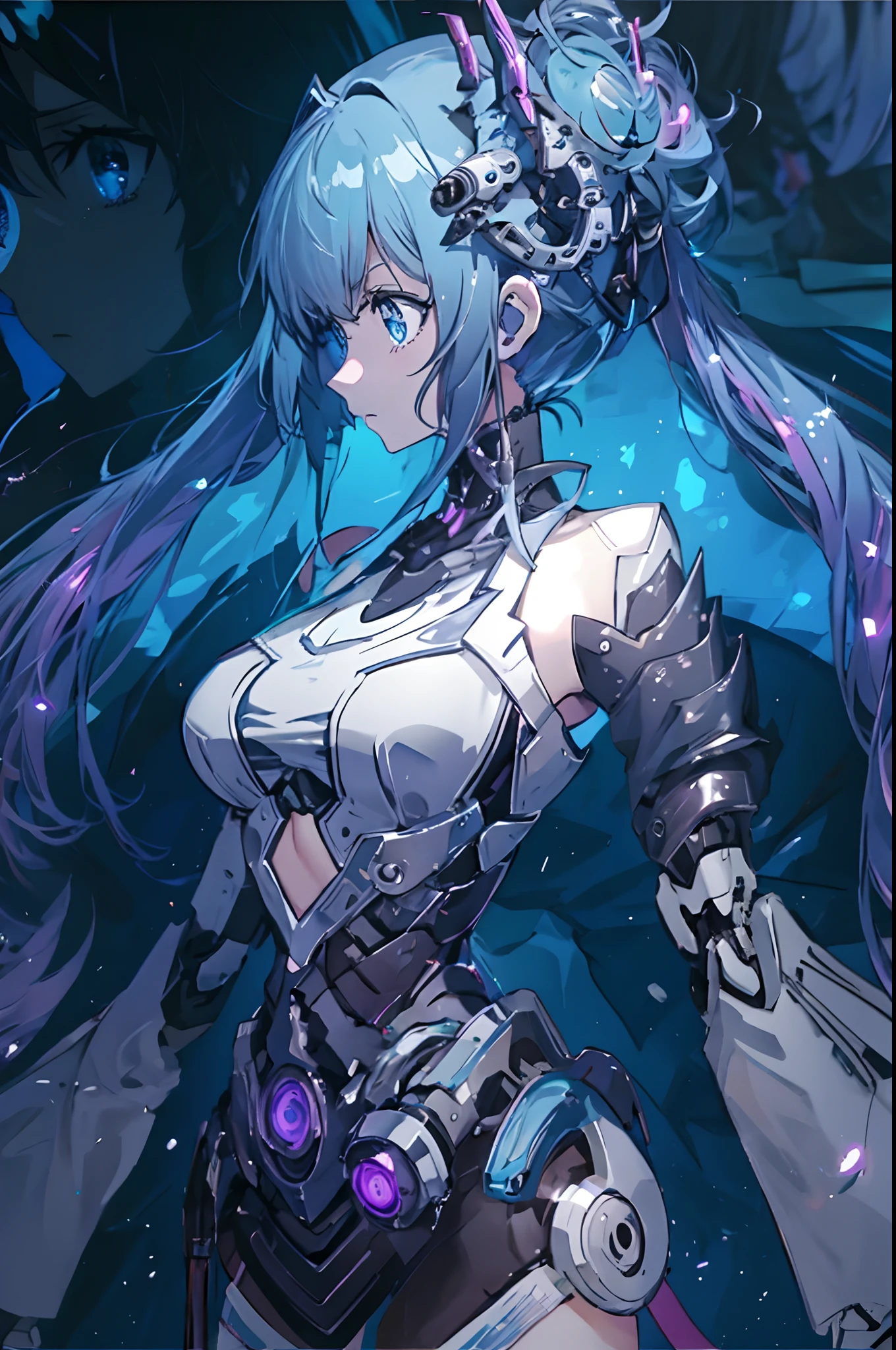 (anime girl with blue eyes), best anime 4k konachan wallpaper, with glowing blue eyes, anime robotic mixed with organic,blue cyborg eyes, anime cyborg, cyberpunk anime girl mech, mecha asthetic, his eyes glowing blue, a teen biopunk cyborg, anime manga robot!! anime girl, metal and glowing eyes, (zoom:1.5), cool expression, face in profile