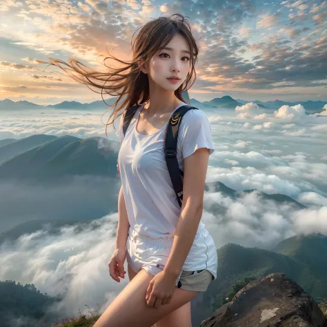 (Best Quality, hyper realistic photography), Magnificent mountain, sea of clouds, Woman watching sunset, selfee, ((Upper body)),...