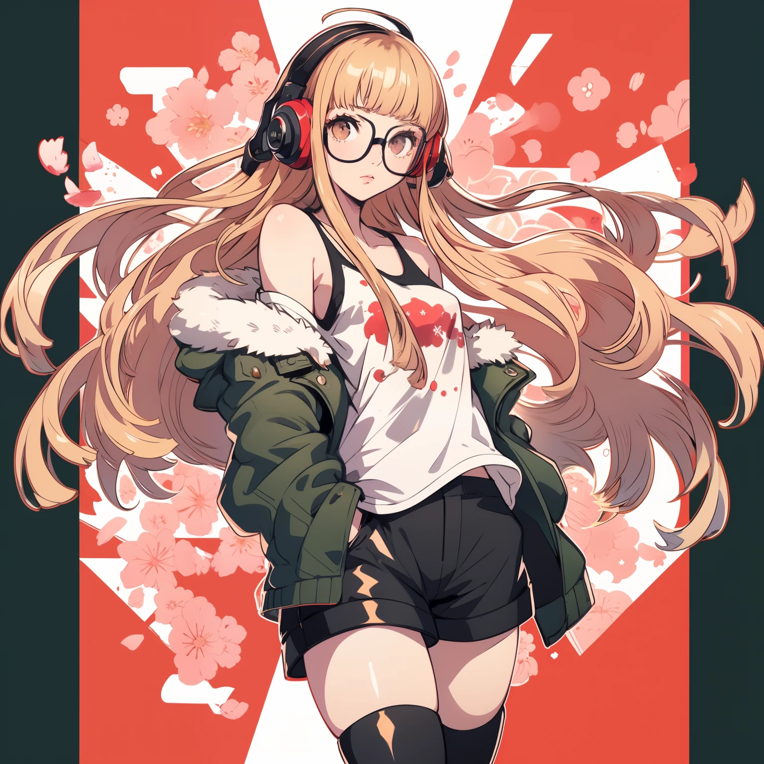 masutepiece, Best Quality, hight resolution,
1girl in, futaba sakura, Blunt bangs, Glasses, black-framed eyewear, Ahoge, Small breasts,
Glasses,  headphones, behind-the-head headphones, White shirt, Jacket, off shoulders, Fur trim, fur-trimmed jacket,  Green jacket, Shorts, thighs thighs thighs thighs, long boots,
 Cowboy Shot,the golden hour,