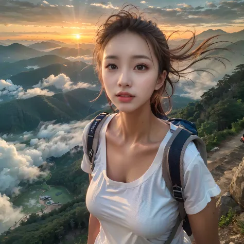 (Best Quality, hyper realistic photography), Magnificent mountain, sea of clouds, Woman watching sunset, selfee, ((Upper body)),...