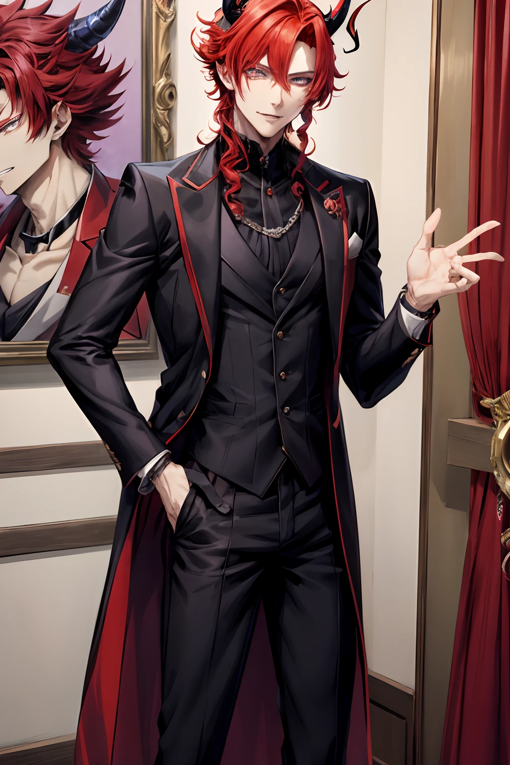 Anime - style image of a man in a black suit and red hair - SeaArt AI