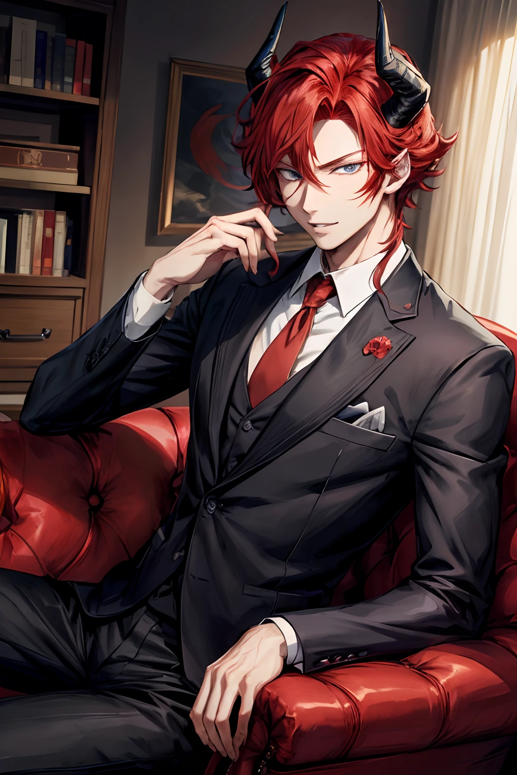 Anime character dressed in a suit and tie sitting on a red couch ...