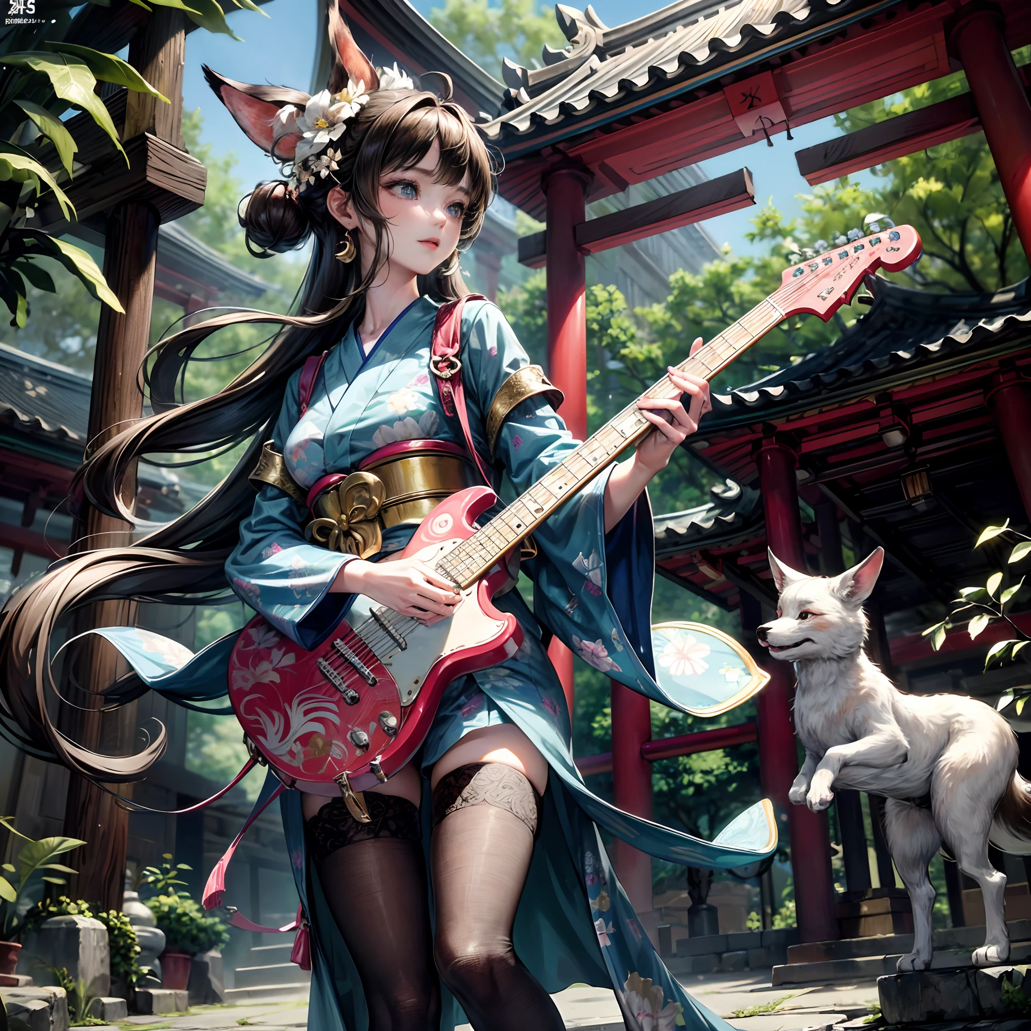 Cinematic lighting,super detailed skin、Beautiful detailed eyes、Best Quality,Perfect Anatomy,(Alternative、dim colors, Soothing tones:1.3),(Detailed beautiful facial features:1.3)Simple white kimono girl、（Girl playing guitar with colorful and fancy floral pattern、Highly detailed and precise arms, hands and fingers:1.6）Inside the temple where you can see the waterfall of Kiyomizu-dera Temple、Highly detailed feet（A horde of fox men surrounds her,、I'm paying attention:1.8）fullllbody