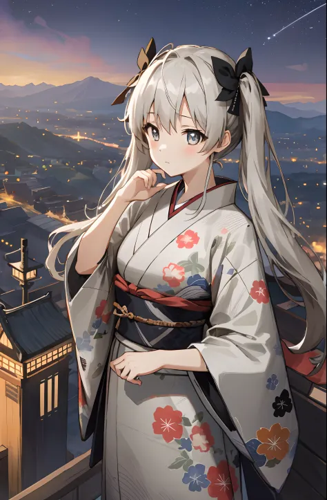 （Masterpiece，best qualtiy，A high resolution：2），1girl，high school senior，white skinned，Gray-black pupils，twintails，komono，Japanese kimono，Delicate face，Fireworks festival，Mountaintop Observation Deck，hilltop，Vast night sky background，the night，The environme...