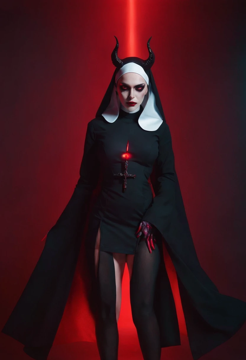 Sexy demon nun posing for a photo, body without clothes, big chest, big thighs, thin waist, red neon lights, red background, darksynth aesthetic, fashion aesthetic fetish, Perfect Body, Sexy Pit, woman demon, gothic fashion, gothic aesthetic, vampire aesthetic.