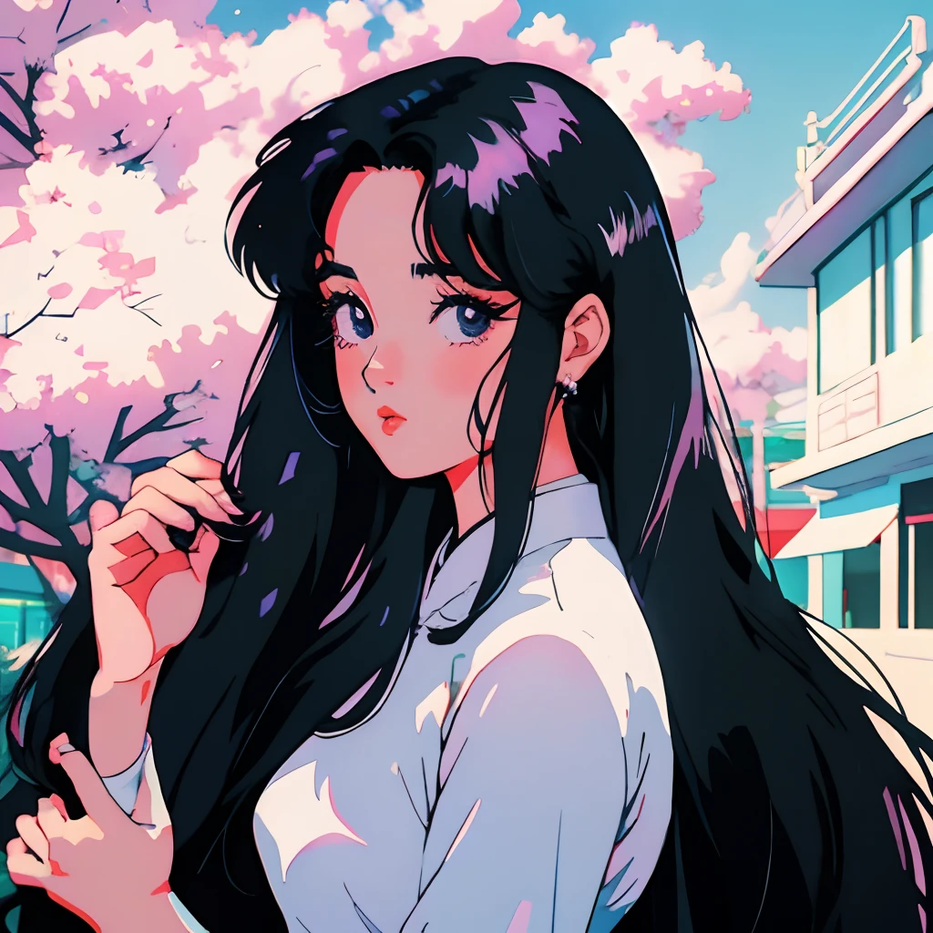 Mute pastel colors，Smooth photos，Retro soul, 1990s animation, 1980s animation, Retro soul，Retro anime style，Masterpiece, Best Quality, Black eyes，closed mouth, beautiful anime, 1girl, solo, long hair, black hair, wearing an aodai ( Vietnamese long full white dress without details ), street background