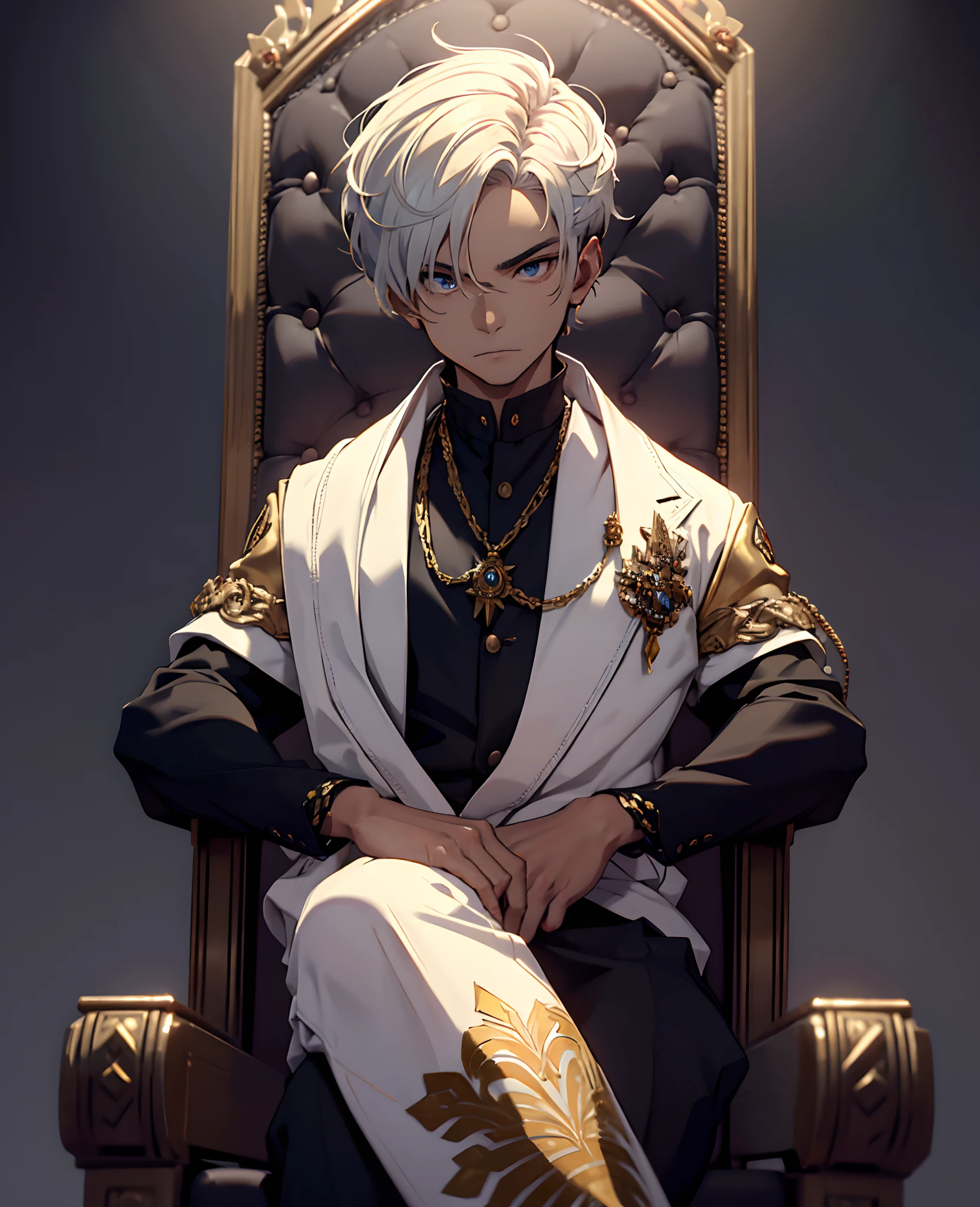 Menino novo com uma coroa de ouro, Grandes olhos azuis brilhantes, and short white hair sitting on a luxurious ornate throne in a confident pose he is surrounded by a dark background, And he's got a stern expression. The image should have high resolution and vivid colors.