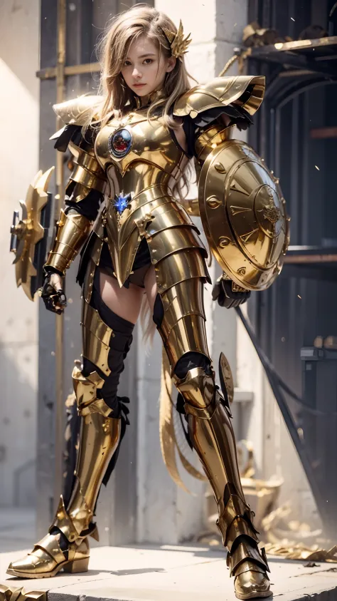 A woman in armor holds a sword and shield, knights of zodiac girl, Armor Girl, Golden armor, gold heavy armor. Dramatic, Gold armor, angelic golden armor, golden armour, gold obsidian armor, Light gold armor, gold armour suit, Heavy gold obsidian armor, St...