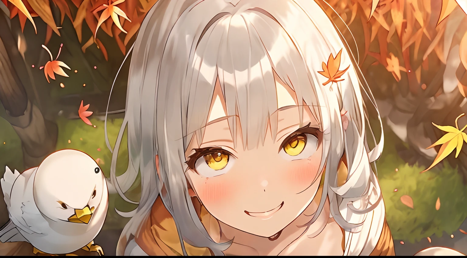 Anime girl with white hair and yellow eyes holding a bird - SeaArt AI