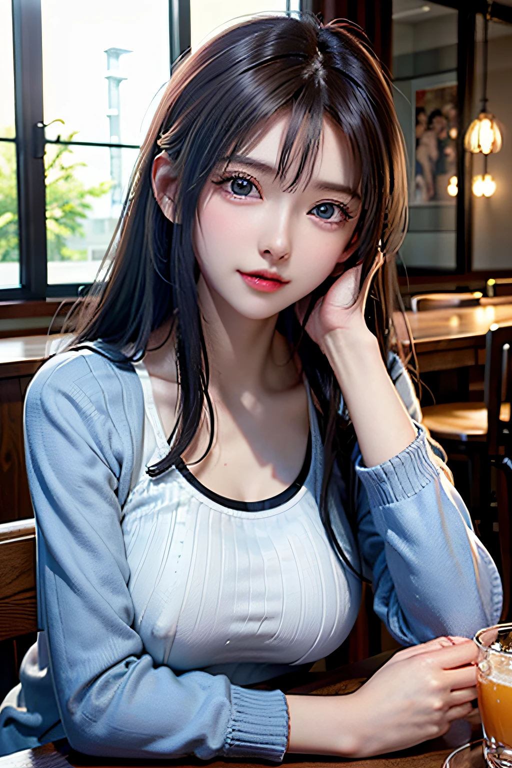 (8K、Raw photography、top-quality、​masterpiece:1.2)、(realisitic、Photorealsitic:1.37)、1 girl in、cute little、adolable、(blue eyess)、(Shy smile:0.4)、(独奏)、详细的脸、oval-face、Thin almond eyes、poneyTail、A slender、medium breasts⁩、jaket、White tee shirt、Dramatic Angle、tilt of the head、((Holding your head in your hands))、night lights、Neon light、Inside the pub、Sitting by the window、small head、(Facing the other side)、