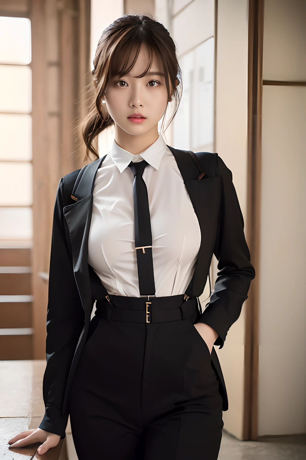 ​masterpiece、flat-colors、depth of fields、lens flare 1 girl、、Brown hair、watching at viewers　　　black suspenders　　　large full breasts　　　 　 Armpit sweat　perspiring　Side of both hands　　walls: 　Black pants, Black jacket holster　Leg holster　　　　Gaze　　　Small face　bangss　suits　Cutter shirt