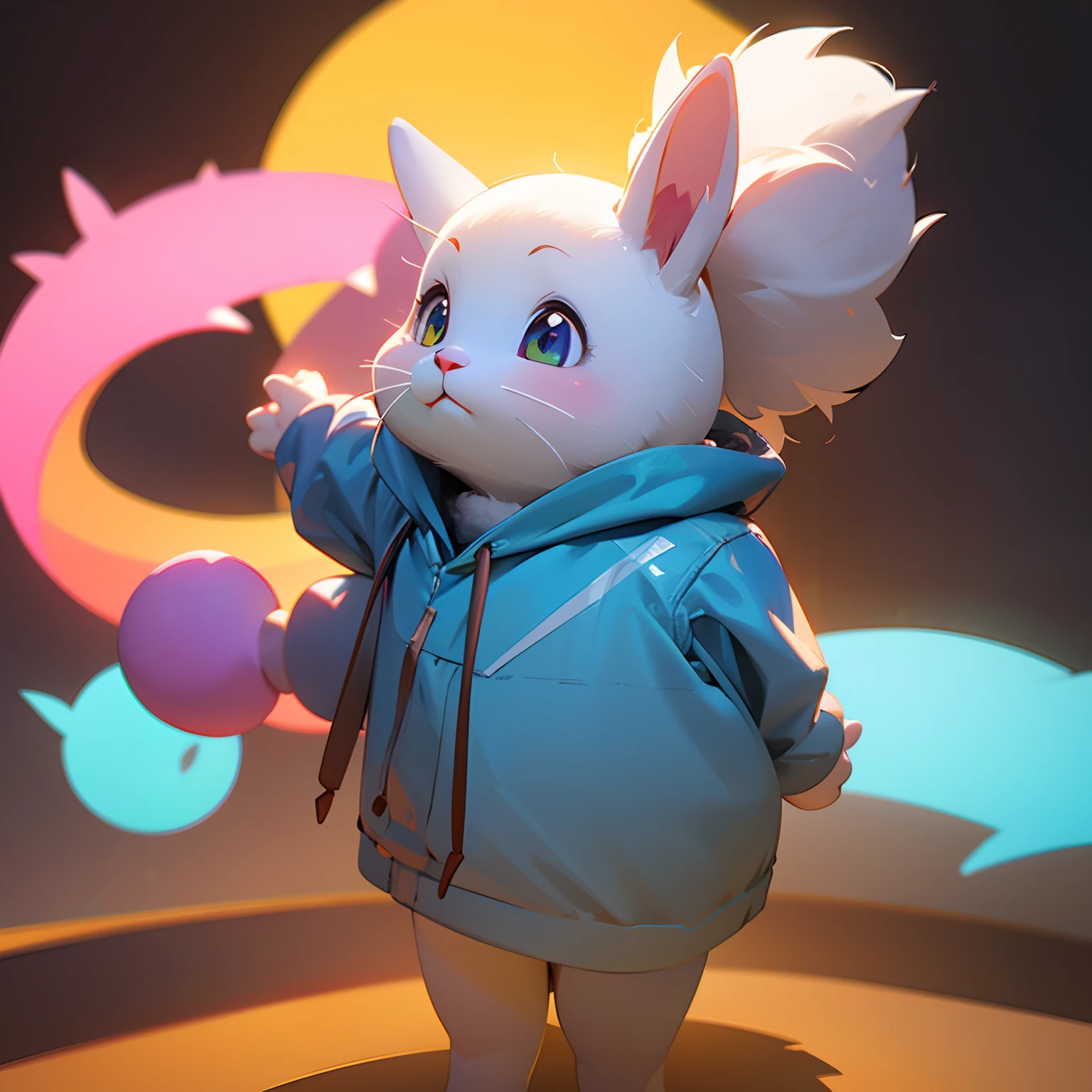 Cute rabbit with fluffy fur in one hoodie, The background is modern and inorganic, Adorable Digital Painting, 3d rendered, Bright lighting, Vibrant colors,