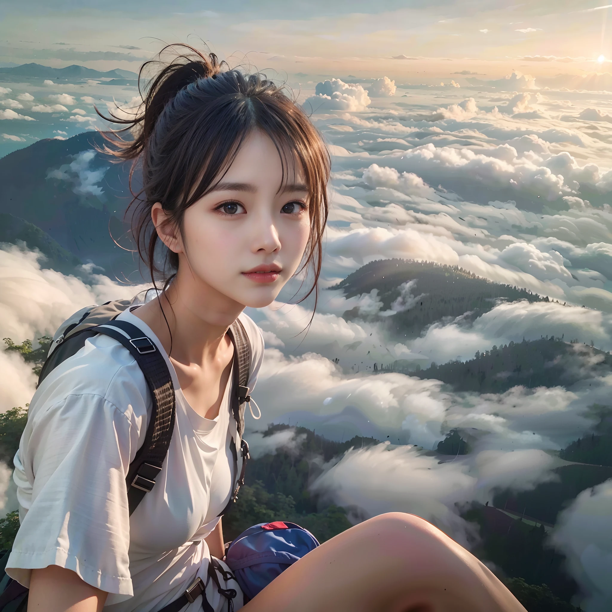 (Best Quality, hyper realistic photography), Magnificent mountain, sea of clouds, Woman watching sunset, selfee, ((Upper body)), white t-shirts, Trekking Shorts, trekking boots, rucksack, (ultra-delicate face, Super Beautiful Maid, Super delicate eyes, Ultra-detailed nose, Ultra detailed mouth, Ultra-detailed facial features), Beautie, 18year old、((huge tit、You can see the cleavage of your))、eye glasses