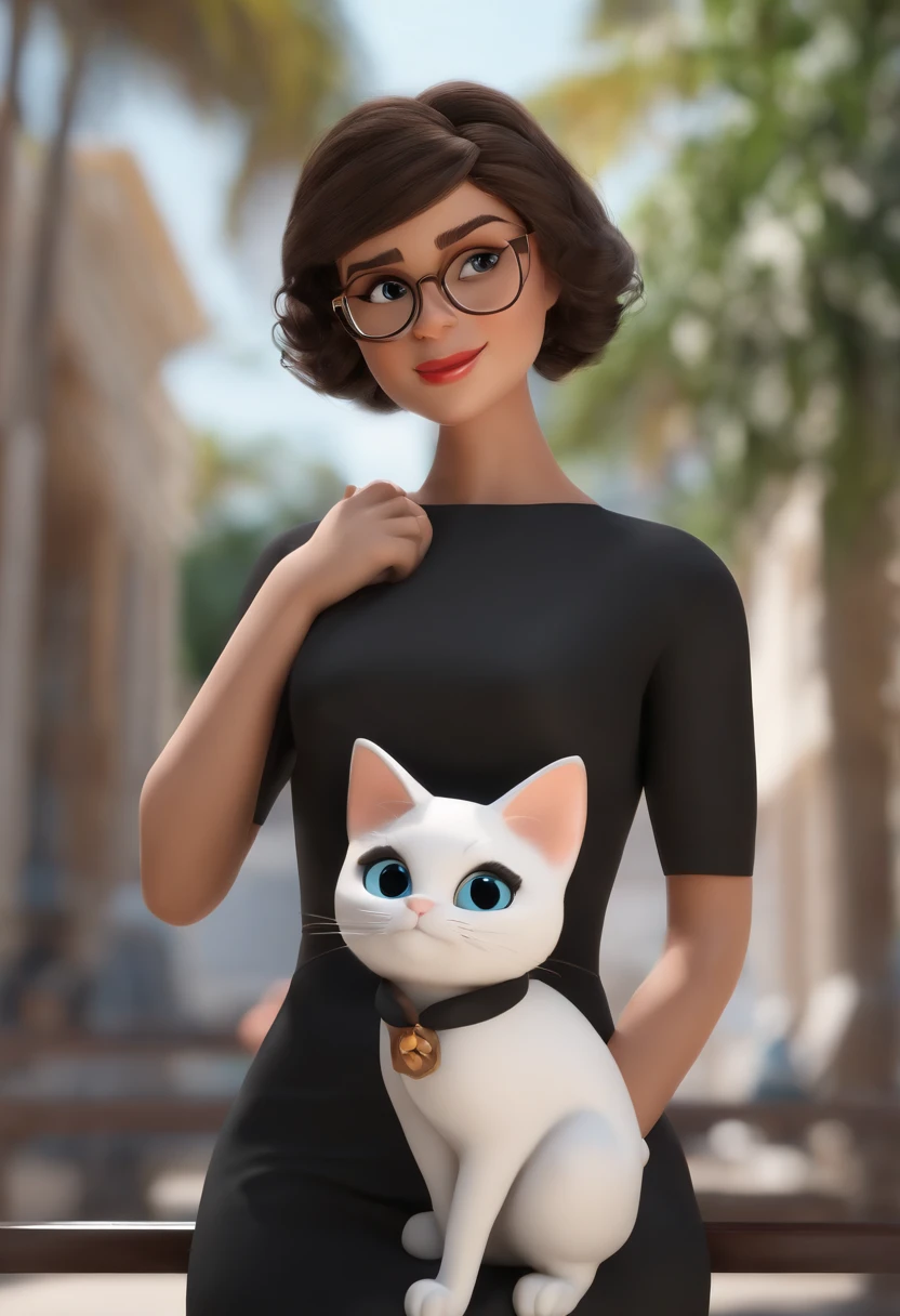 A woman in a black dress holding a white cat - SeaArt AI