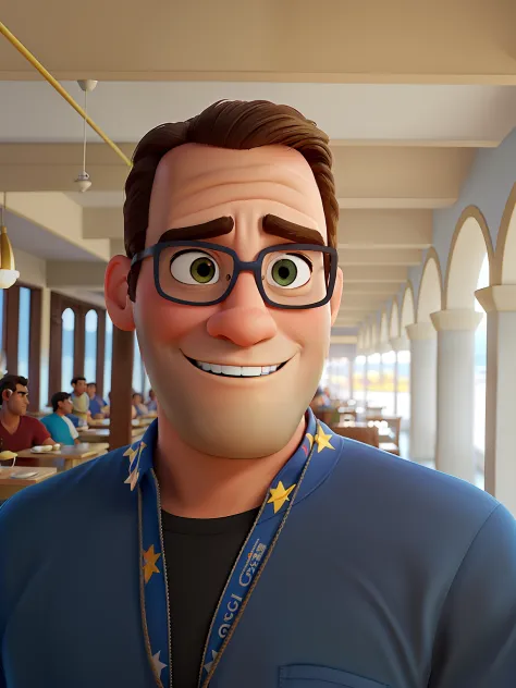 Poster no estilo Disney pixar, alta qualidade, melhor qualidade, homem sexy branco, 30 anos cabelo grisalho , musculoso, com fundo em um restaurante a luz de velas