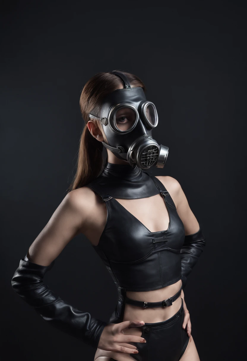 A woman in a gas mask and leather gloves posing for a picture - SeaArt AI