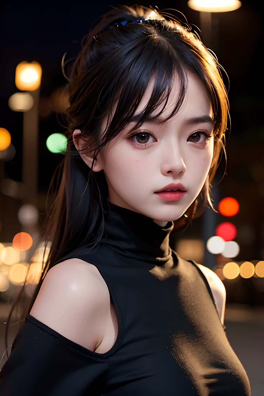 1girl, wearing top, Tokyo street,night, cityscape,city lights, upper body,close-up, 8k, RAW photo, best quality, masterpiece,realistic, photo-realistic,