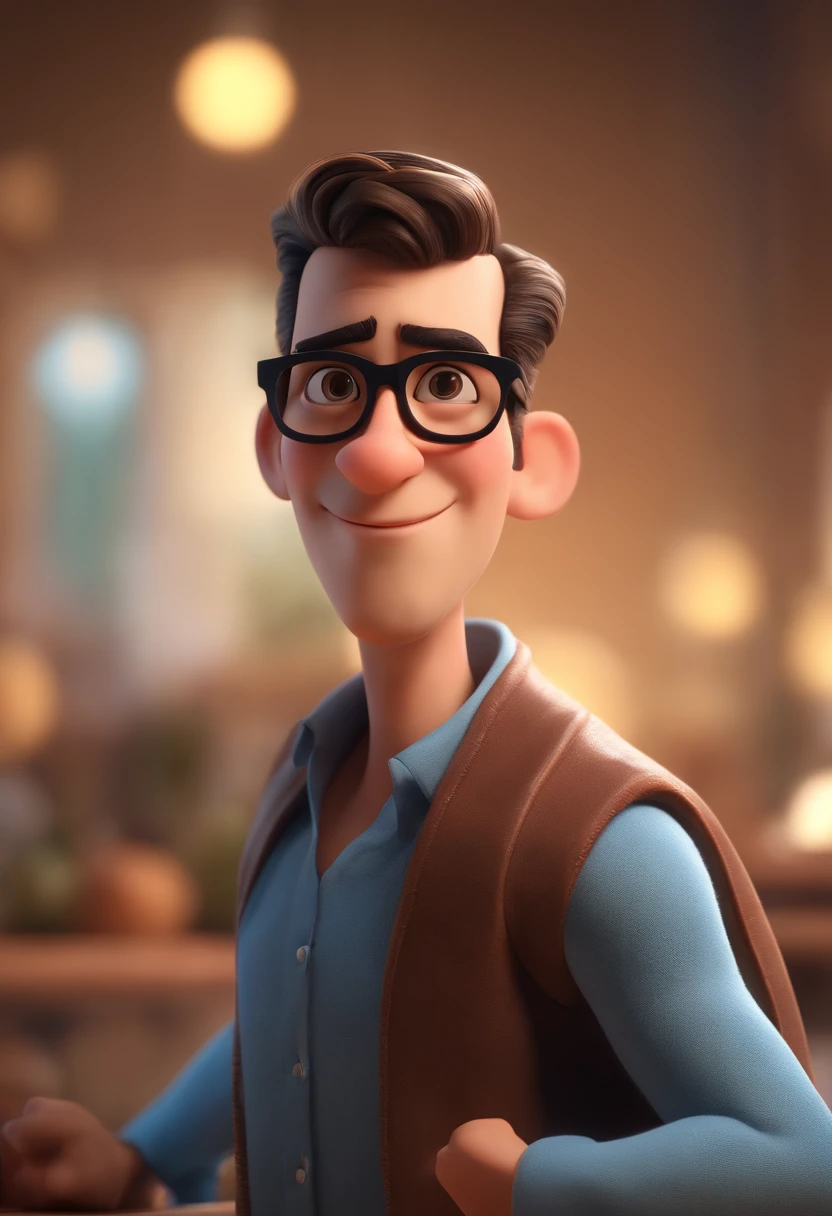 Personnage de dessin animé d&#39;un homme portant des lunettes noires et une chemise bleue, un personnage animé, personnage stylisé, rendu du style d&#39;animation, stylisé en 3D, Rendu Arnold Maya, Rendu 3D stylisé, toon rendu keyshot, Personnage 3D, Personnage 3D, Rendu 3D stylisé, rendu de personnage 3D, personnage de dessin animé, Caractère gros plan, Pose du personnage, (Style Pixar) (partie maîtresse:1.2) (bokeh) (meilleure qualité) (peau détaillée) (texture détaillée) (8k) (argile) (éclairage cinématographique) (netteté，Asseyez-vous et soulevez le haut de votre corps