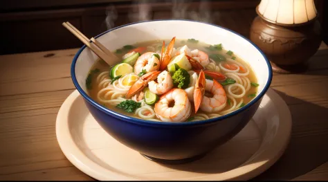 A large bowl of seafood noodles with shrimp and soup, served indoors. (best quality,ultra-detailed), delicious-looking noodles, vibrant colors, high-resolution image, realistic textures, steam rising from the bowl, finely detailed shrimp, mouth-watering br...