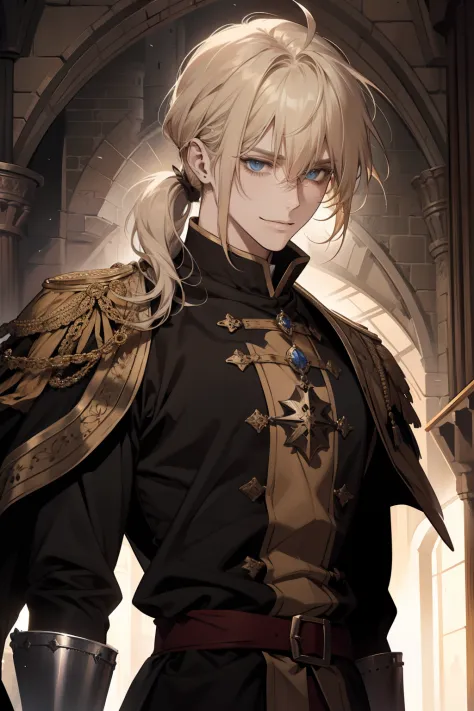 1 male, relaxed, messy blond hair with bangs in a low ponytail, royalty, black clothes, beautiful, lean body, in a castle, medie...