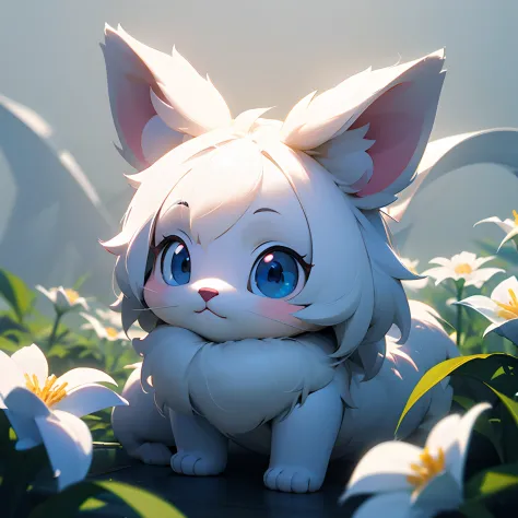 one that is fluffy but has cute fluffy fur, background surrounded by flowers、adorable digital painting,deformed、 3d rendered, br...