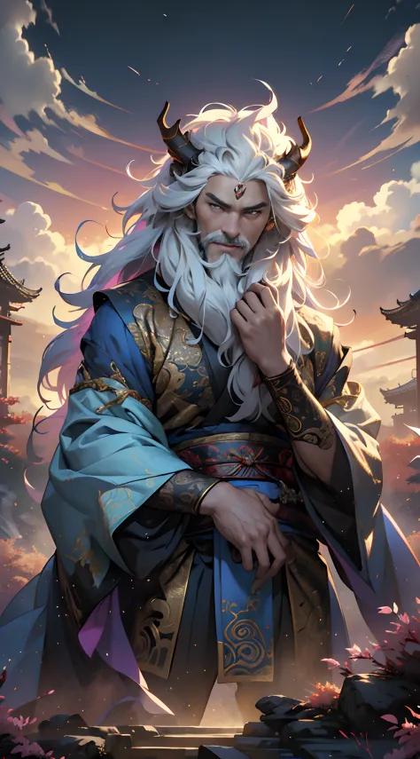 Depict an ancient male creator god，Fuxi，Chinese mythology，Fuxi is also known as the Fuxi Emperor，He creates gossip，It represents...