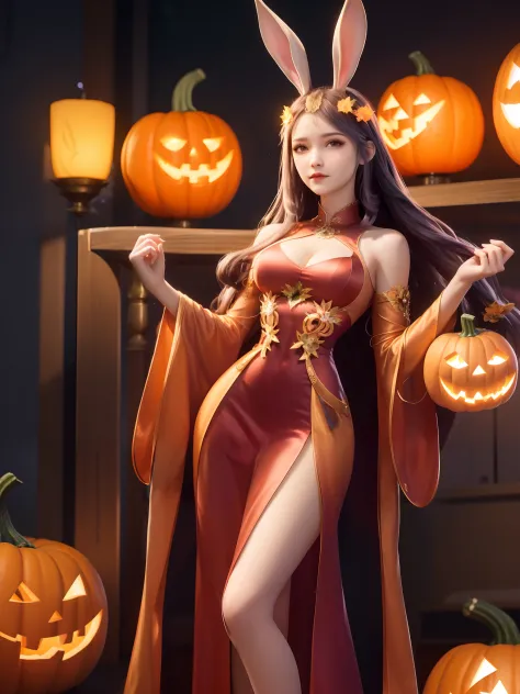 Among the glowing hues of twilight,,Halloween, costume, girl,a pumpkin,rabbit ears,long dress,long hair, hair