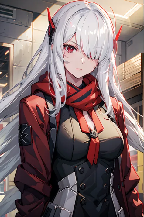 ((Best quality)), 1girl, white hair, red coat, large breasts, red eyes, long hair, hair over one eye, red scarf, indoors, close up,