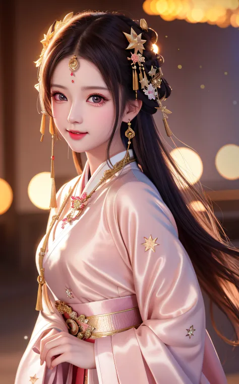 best quality, masterpiece, highres, 1girl,blush,(seductive smile:0.8),star-shaped pupils,china hanfu,hair ornament,necklace, jew...