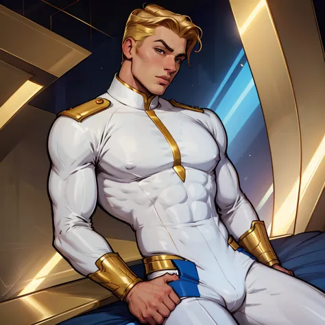 Cartoon of a white uniform superhero man with golden details