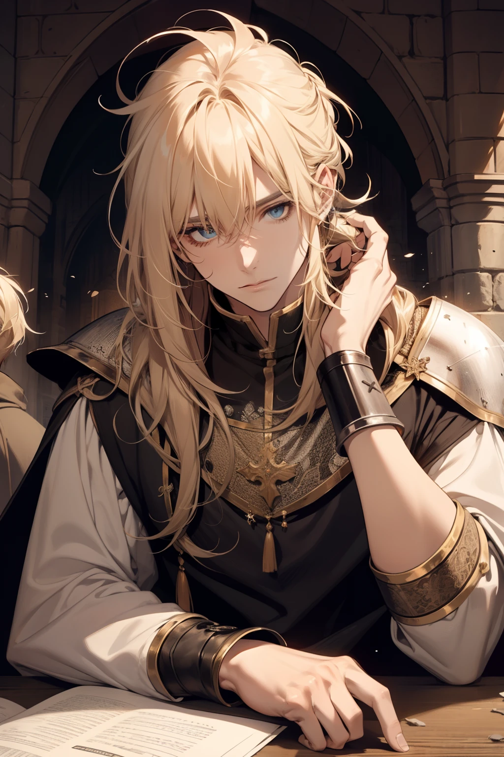 1 male, relaxed, messy blond hair with bangs in a low ponytail, white knight, beautiful, in a castle, medieval fantasy