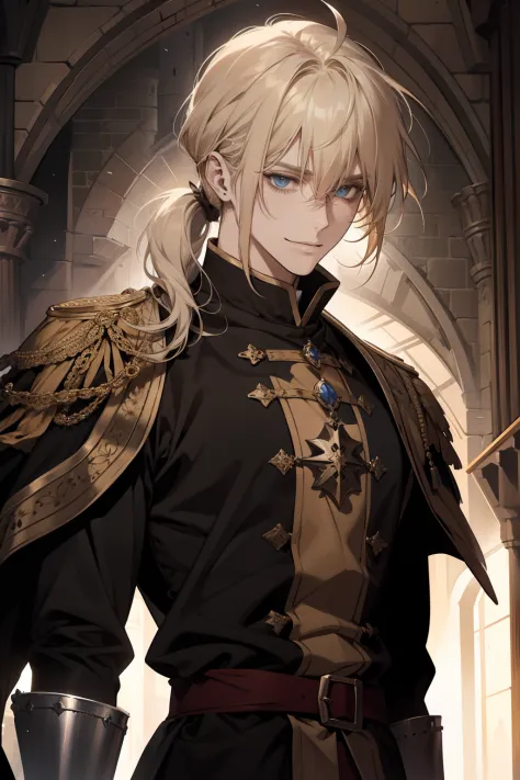 1 male, relaxed, messy blond hair with bangs in a low ponytail, royalty, black clothes, beautiful, lean body, in a castle, medieval fantasy, calm smile