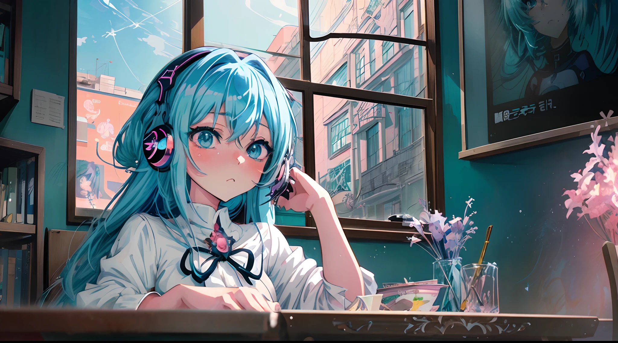 Mare　　Mermaid Girl　Beautiful blue eyes　blue hairs　Tsundere　Twilight　Lonely Gweiz's style artwork、Beautiful anime、 Alone　guweiz、Beautiful anime girl、Beautiful anime girl、Anime girl with teal hair、anime styled。8K、Bowater's Art Style、beautiful digital illustrations、beautiful character painting、Stunning Anime Face Portrait Mikudayo, official artwork, lofi-girl, lofi artstyle,, sayori, anime vibes, Anime style mixed with Fujifilm, digital anime illustration, anime wallpaper 4k　Sea view window　Study at your desk　headphones