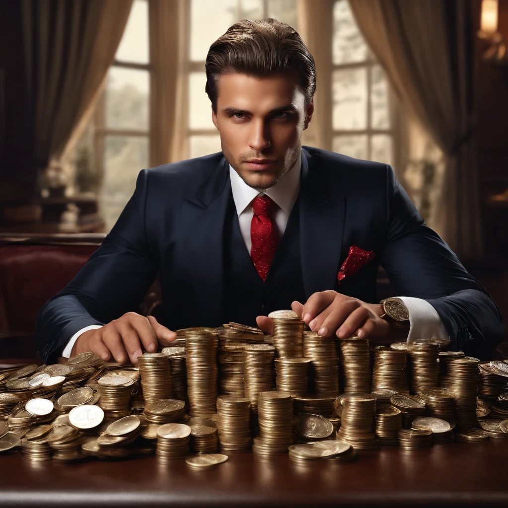 A close up of a man in a suit sitting at a table with stacks of coins