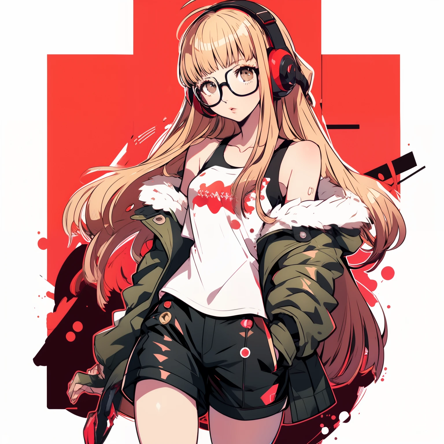 dessus de la table, Meilleure qualité, haute résolution,
1 fille dans, sakura futaba, frange émoussée, Lunettes, lunettes à monture noire, ahogé, Petits seins,
Lunettes,  écouteurs, behind-the-head écouteurs, chemise blanche, veste, hors des épaules, bordure en fourrure, veste bordée de fourrure,  veste verte, shorts, cuisses cuisses cuisses cuisses, bottes longues,
 tir de cow-boy,l&#39;heure d&#39;or,