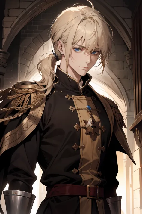 1 male, relaxed, messy blond hair with bangs in a low ponytail, royalty, black clothes, beautiful, lean body, in a castle, medie...