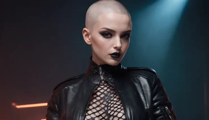 Beautiful shaved head woman dressed in leather jacket and