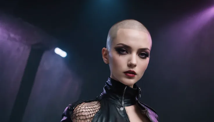 Beautiful shaved head woman dressed in bodysuit dancing in an