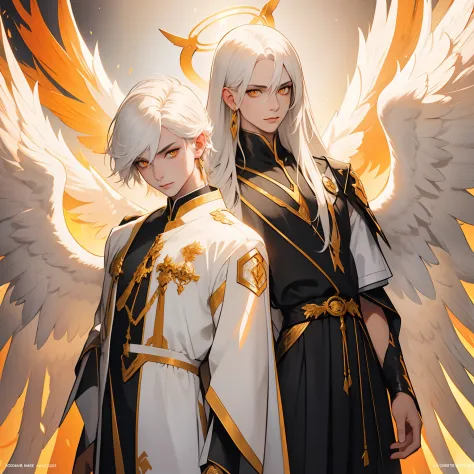 Angel, white hair, young male, 1male, clean shaven, orange eyes, dramatic lighting, anime, golden wings, halo, simple background...