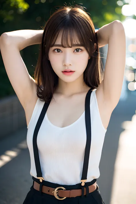 ​masterpiece、flat-colors、depth of fields、lens flare 1 girl、、Brown hair、watching at viewers　　　　a belt　black suspenders　　　large full breasts　　　 　 Armpit sweat　perspiring　Side of both hands　　walls: 　Black pants,  　Gaze　　　Small face　Bangs Upper Eyes　flank